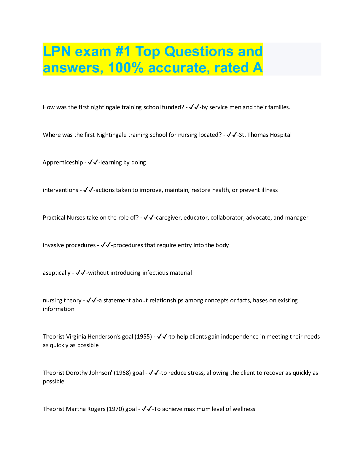 Preview image for LPN exam #1 Top Questions and  answers, 100% accurate, rated A